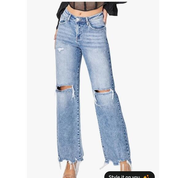 Risen Denim - Risen Nikol High Rise Acid Washed Wide Leg Jeans 3XL